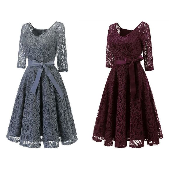 Elegant Romantic Retro Vintage Swing Lace Bridesmaid Prom Dress with Belt S NEW - Picture 1 of 16